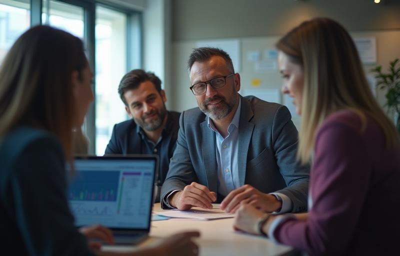 People discussing cryptocurrency investments on laptops in a modern office setting